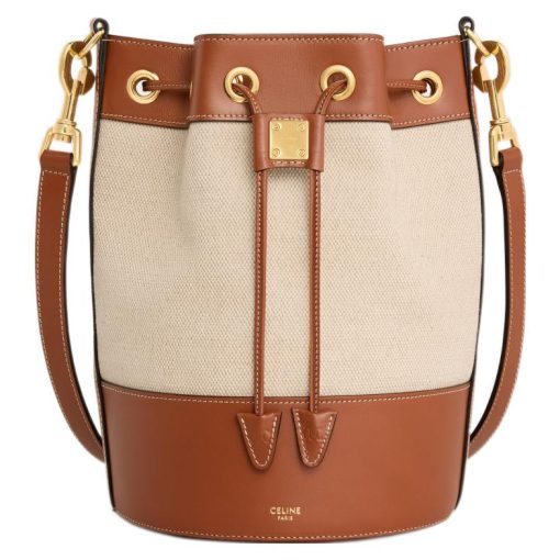 CELINE 카바스 원단 및 소가죽 버킷 백, <브랜드_1>e 어깨 크로스백 S 여성 자연색/탠(L18*W18*H27cm)