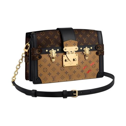 LOUIS VUITTON 트렁크 클러치 코팅 캔버스와 송아지 가죽 트림 소프트 선물 포장, 스몰 스퀘어 백, 체인 백, 핸드헬드 <브랜드_1>e 어깨 크로스백 여성 브라운(L20*W5.5*H12cm)